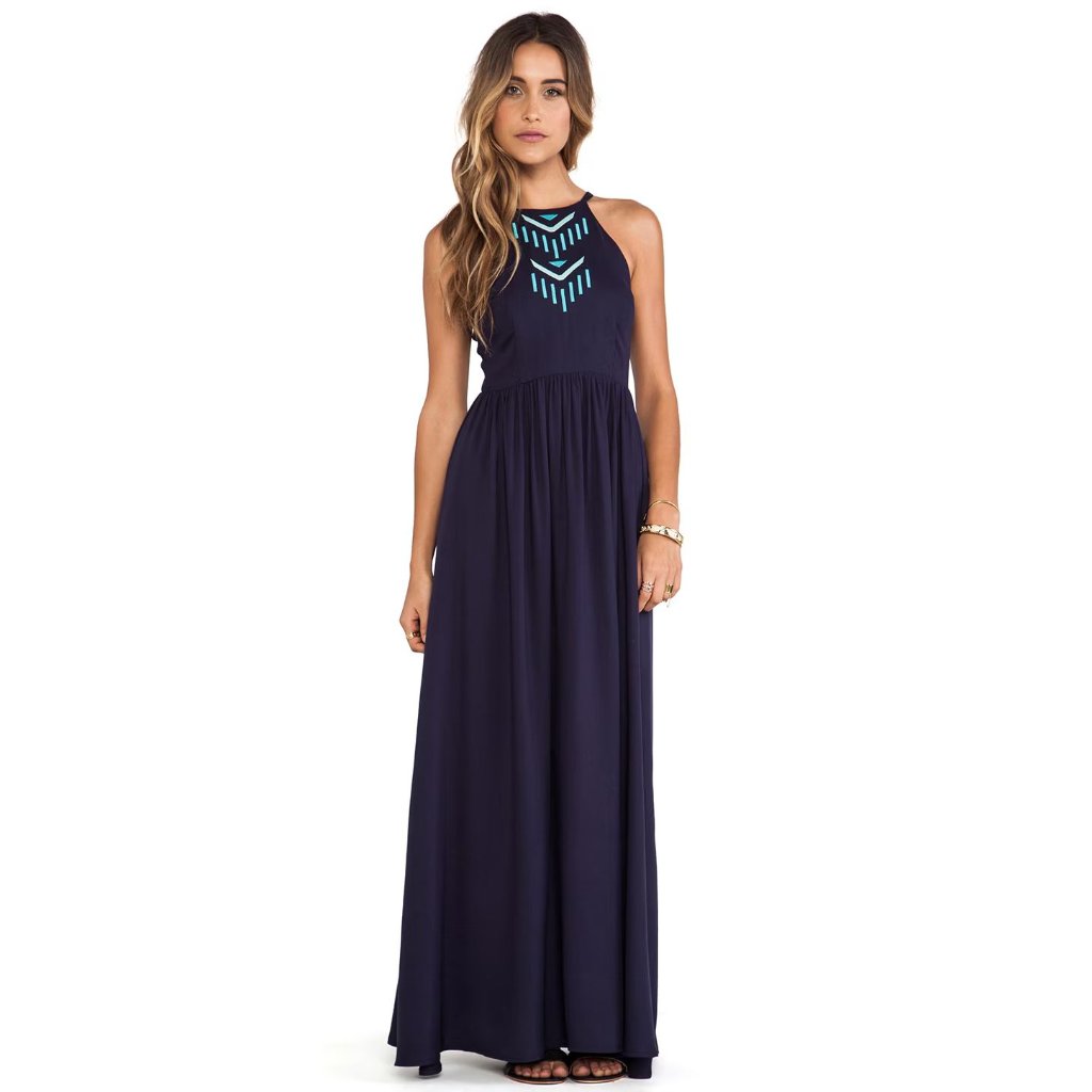 Bobi Black Embroidered Halter Maxi Dress Navy Blue Sz Xs Women's New